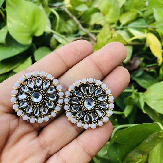 LARQ JEWELS White Stones Metal Base Metal Pearls Flower Traditional Stud Earring