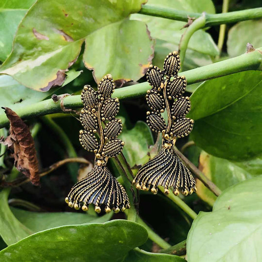LARQ JEWELS Indian Ethnic Non-precious Metal Oxidized Silver Floral Leaf Drop Earrings - Black