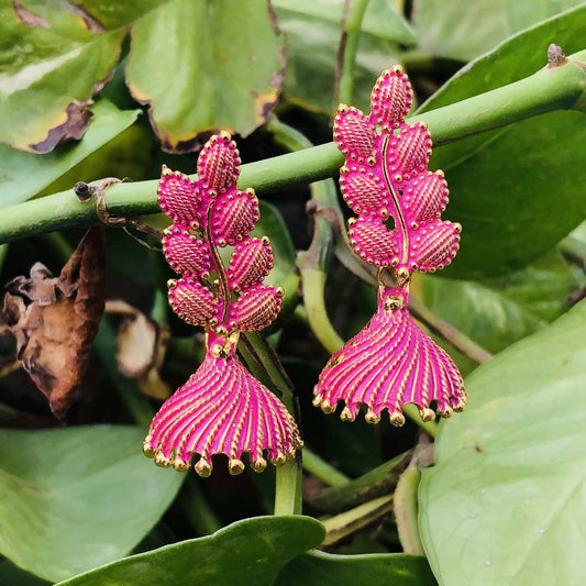 LARQ JEWELS Indian Ethnic Non-precious Metal Oxidized Silver Floral Leaf Drop Earrings - Pink