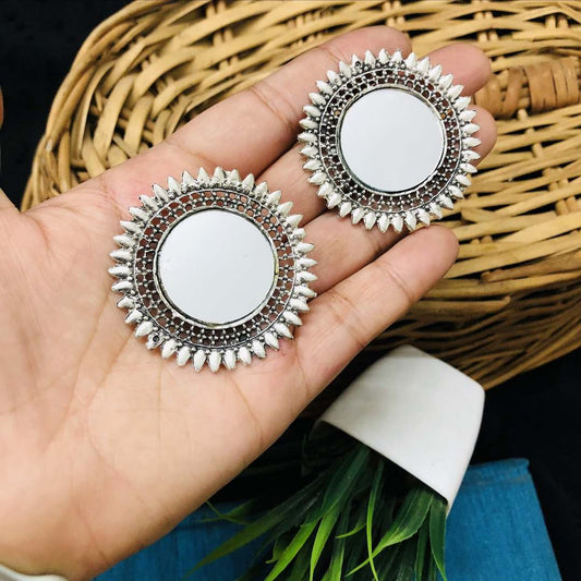 LARQ JEWELS Sun Flower Style Party Wear Ethnic Silver Plated Mirror Stud with Drop Earrings