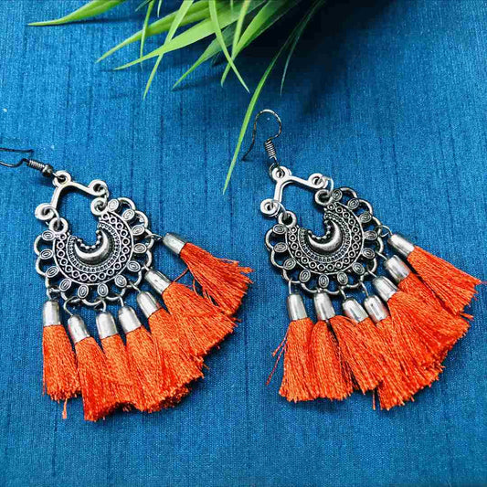 LARQ JEWELS Women's Pearl Embellished Orange Color Silk Thread Oxidized Silver Jhumki