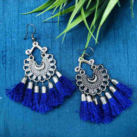 LARQ JEWELS Women's Pearl Embellished Blue Color Oxidized Silver Jhumki