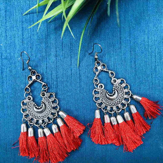 LARQ JEWELS Women's Pearl Embellished Red Color Silk Thread Oxidized Silver Jhumki