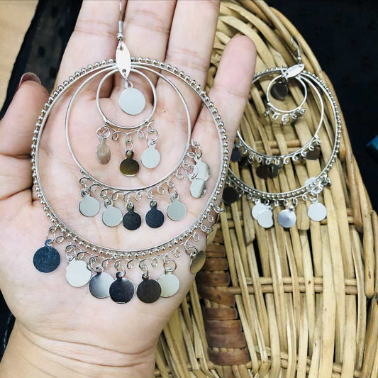 LARQ JEWELS Unique Style Oxidized Silver Metal Bead Big Round Hoop Earrings for Women (Silver)