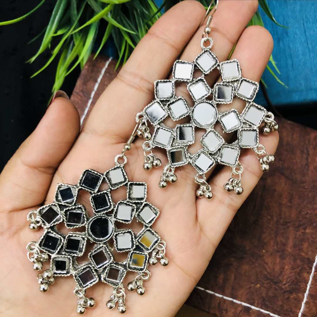 LARQ JEWELS German Silver Oxidised Mirror Earrings And Ring Combo for Women and Girls