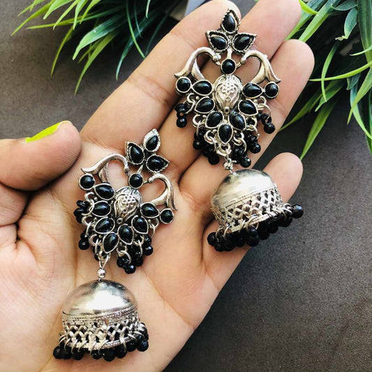 LARQ JEWELS Oxidized Silver German Black Stone Studded Jhumki Earrings for Women