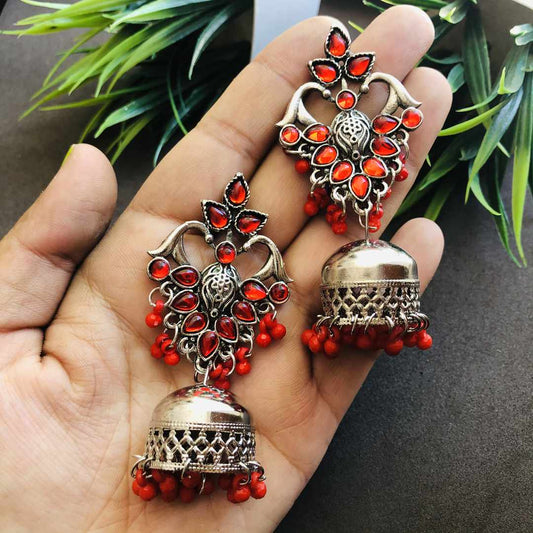 LARQ JEWELS Oxidized Silver German Red Stone Studded Jhumki Earrings for Women