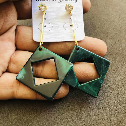 LARQ JEWELS Western Gold Chain Stone Stud Square end Marble Print Earring For women- Green
