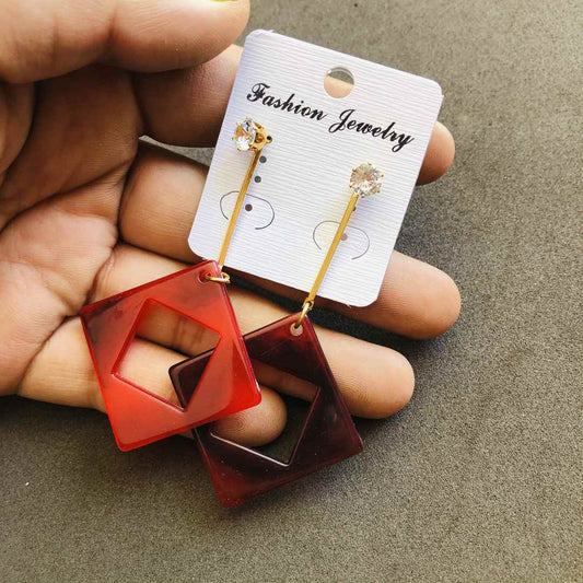 LARQ JEWELS Western Gold Chain Stone Stud Square end Marble Print Earring For women- Red
