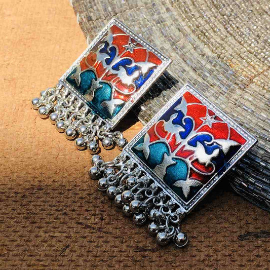 LARQ JEWELS Ethnic German Silver Oxidised Meenakari Moti Design Traditional Stud Earrings for Women And Girls- MULTI