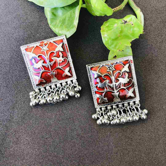 LARQ JEWELS Ethnic German Silver Oxidised Meenakari Moti Design Traditional Stud Earrings for Women And Girls- RED