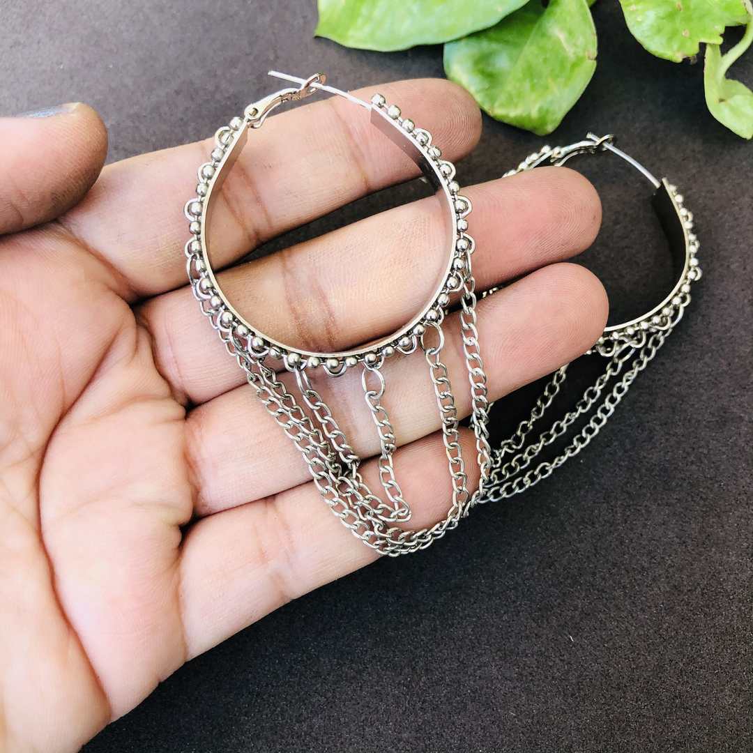 LARQ JEWELS Oxidized Silver Plated Designer Chain mail hoop Stud Earrings