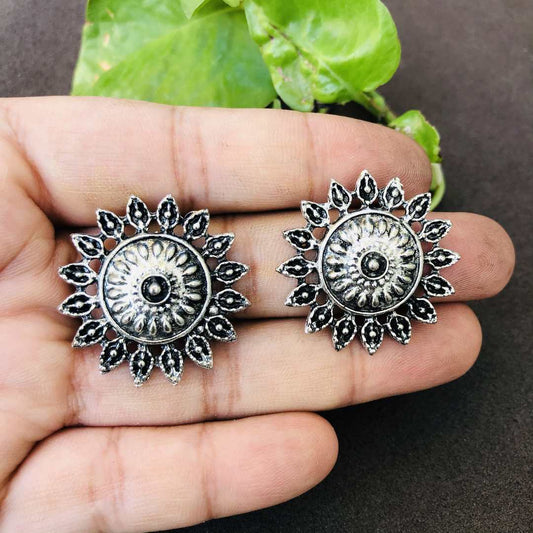 LARQ JEWELS Oxidized Silver Flower Theme Stud Earrings for Women & Girls