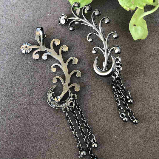 LARQ JEWELS Antique Oxidised Silver-Toned Floral Pattern Trendy Clip-On Ear Cuff For Women And Girls-black