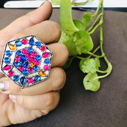 LARQ JEWELS German Oxidized Silver Combo Artistic Crafted Traditional Stud Earrings with Ring for Women & Girl