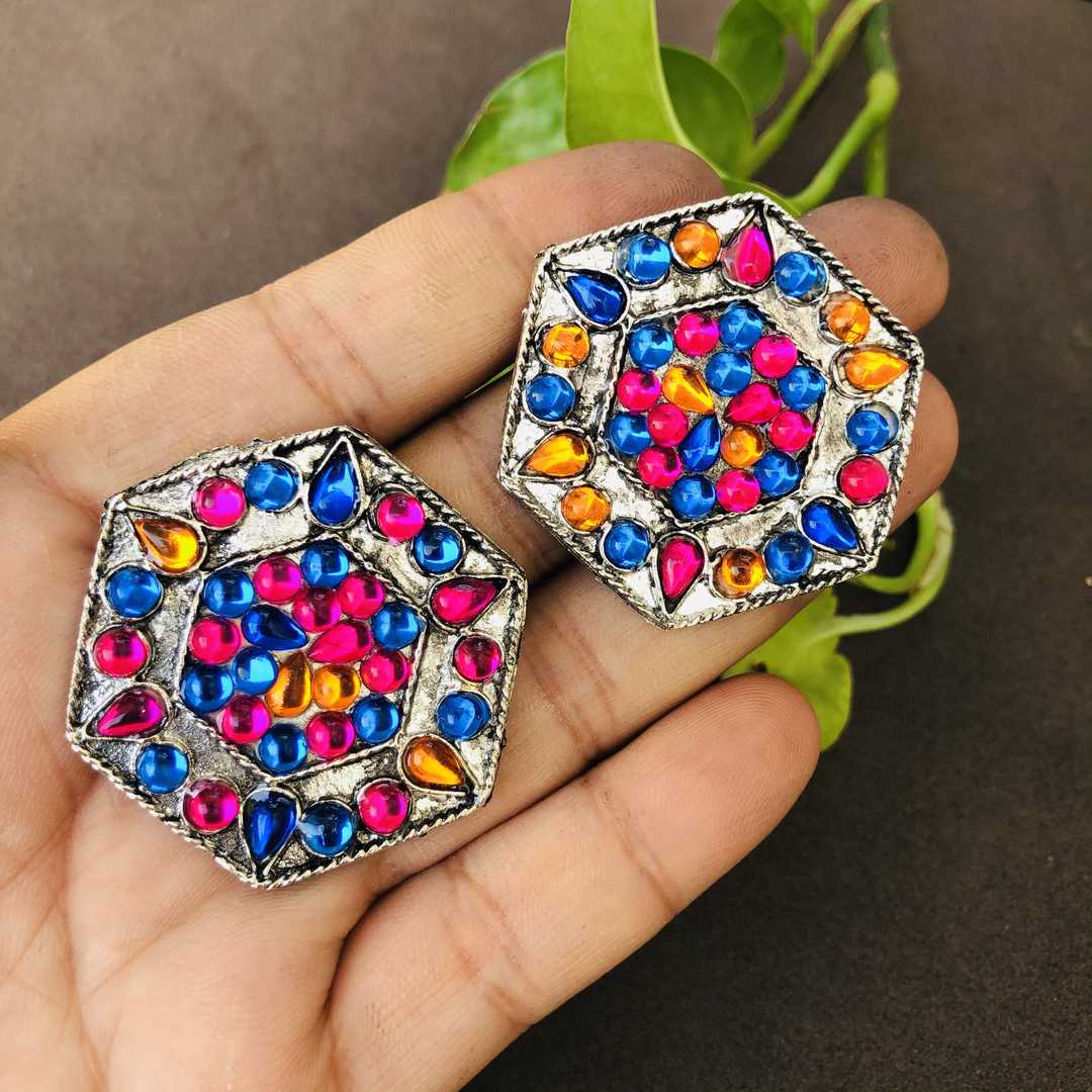 LARQ JEWELS German Oxidized Silver Combo Artistic Crafted Traditional Stud Earrings with Ring for Women & Girl