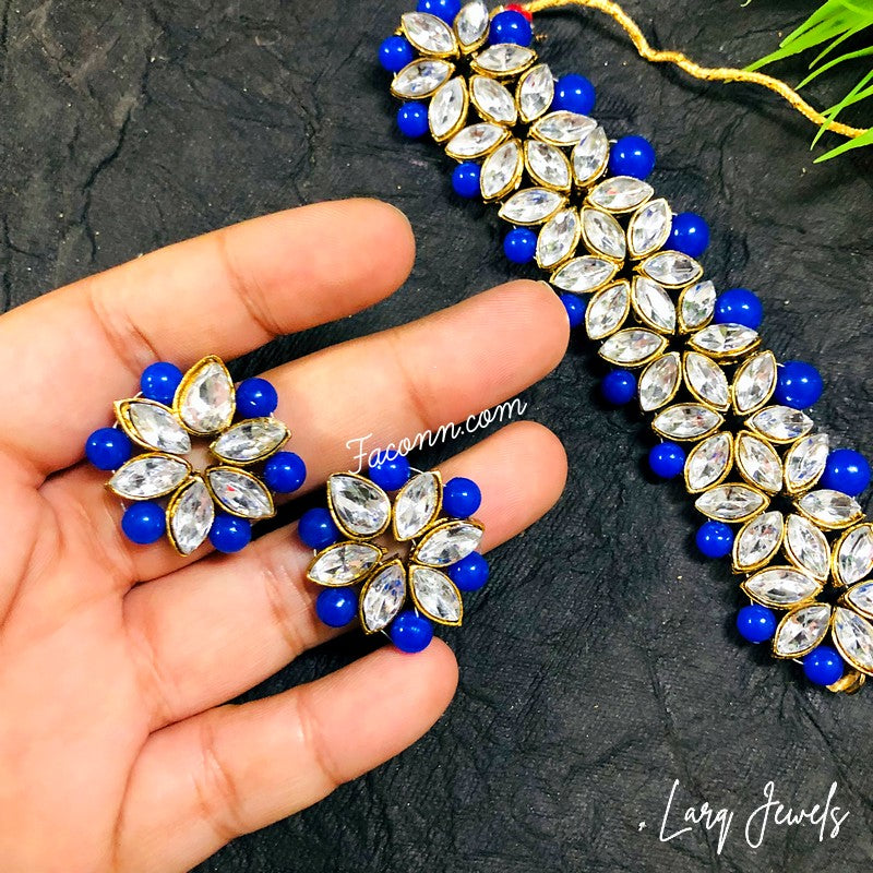 LARQ JEWELS Choker Kundan Traditional Necklace Set -Royal Blue