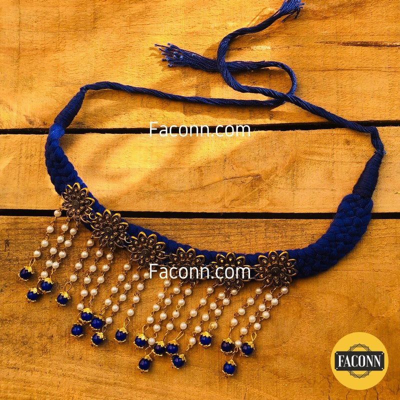 LARQ JEWELS Fabric Kundan Royal Blue with golden flowers Necklace