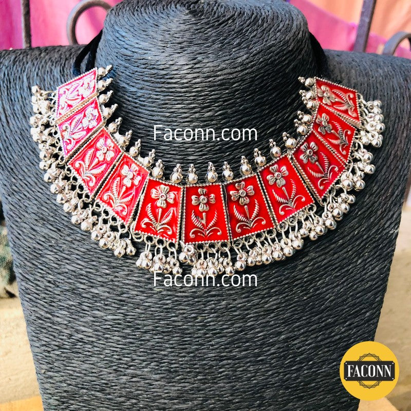 LARQ JEWELS Red Oxidized Traditional Choker Necklace Set