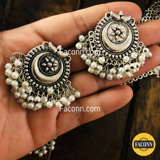 LARQ JEWELS Oxidized Silver Rustic with Chand Earring Necklace Set