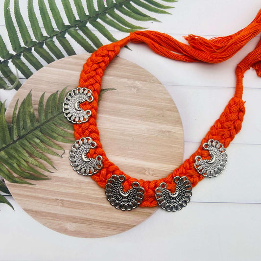 Orange & Silver Woven Statement Necklace Set