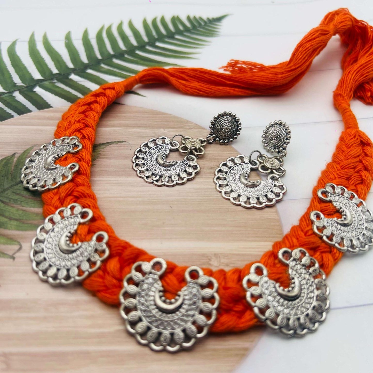 Orange & Silver Woven Statement Necklace Set