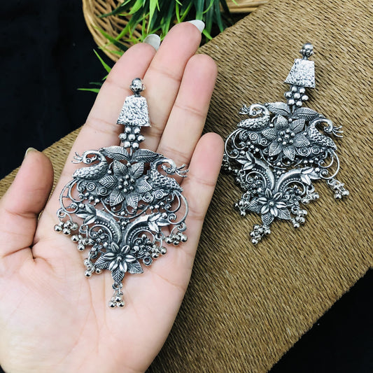 LARQ JEWELS German Silver Oxidised Chandbali Statement Traditional Dangler Earrings