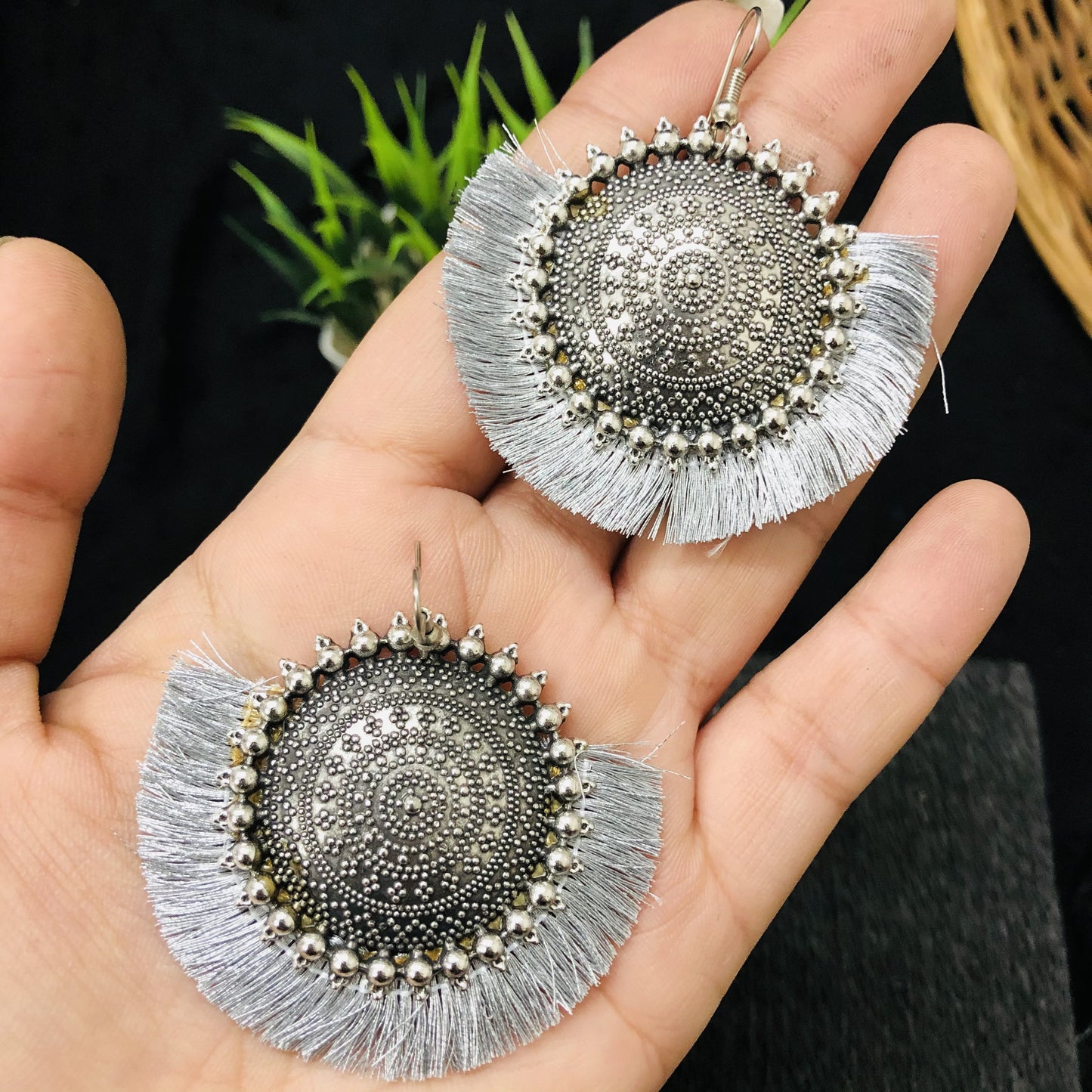 LARQ JEWELS Party wear Wedding Eid Designer Oxidized Silver Thread Earrings