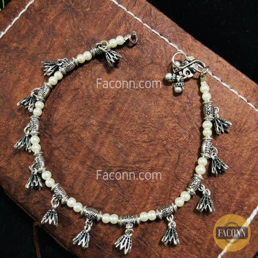 LARQ JEWELS Black Oxidized German Silver Floral Beads Anklet For Women (1 Piece)