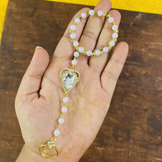 Elegant White Color Gold Plated Finger Ring Bracelet With Stone