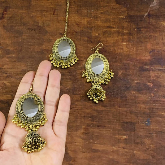 Oxidized Polish Mirror Work Afghani Kashmiri Style Jhumka Lightweight Earrings Mang Tika Combo