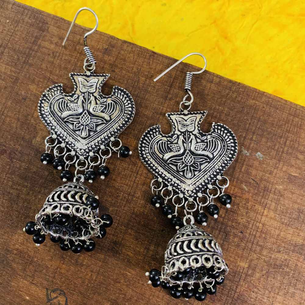 Traditional German Silver Black Beads Oxidized Earrings