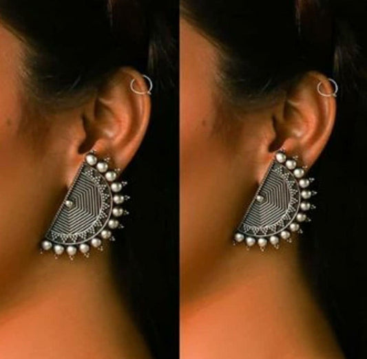 Designer Oxidized Silver D shape Afghani Style Earring
