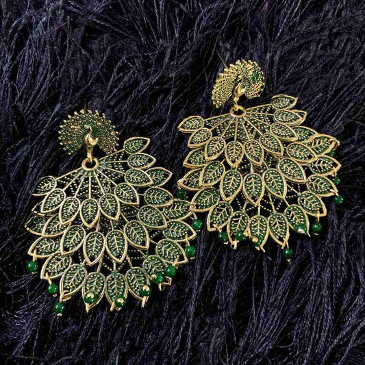 GREEN COLOR MULTILAYERED PEACOCK OXIDISED BOHO EARRINGS