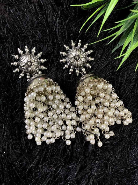 Oxidised Silver Traditional Earring With White Pearl Afghani Long Tassel Jhumka