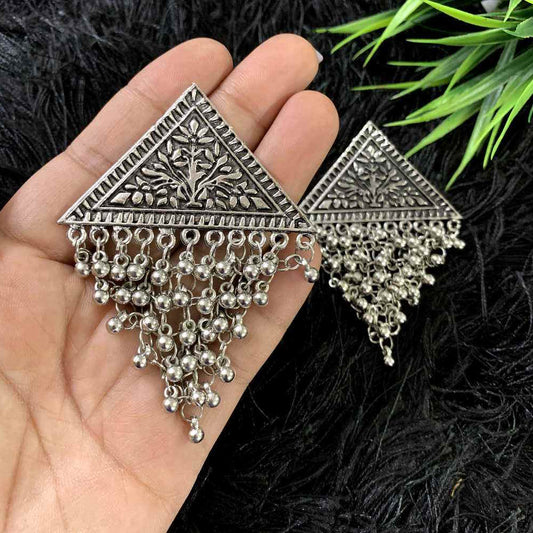 Silver Oxidised Handcrafted Triangle Design Metal Ghungroo Earring