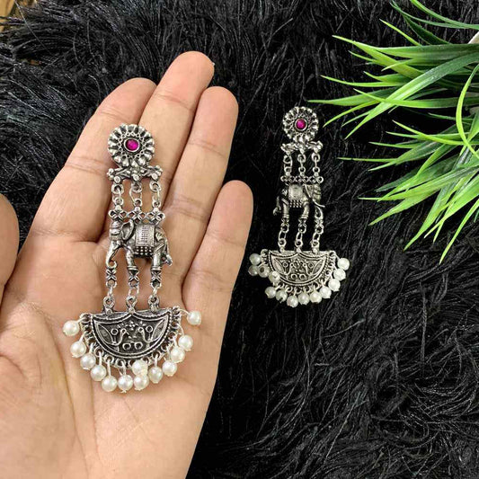 Traditional Antique Oxidised Silver Plating Stone Jhumki Earrings For Women and Girls