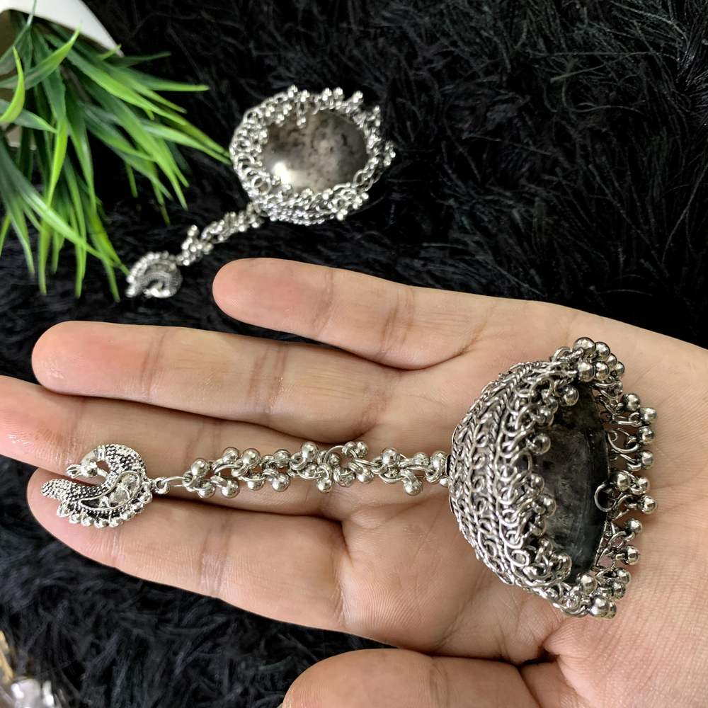 Oxidized Silver Jaipuri Tribal Tibetan Peacock Ghungroo Jhumki Earring