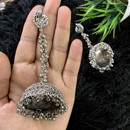Oxidized Silver Jaipuri Tribal Tibetan Peacock Ghungroo Jhumki Earring