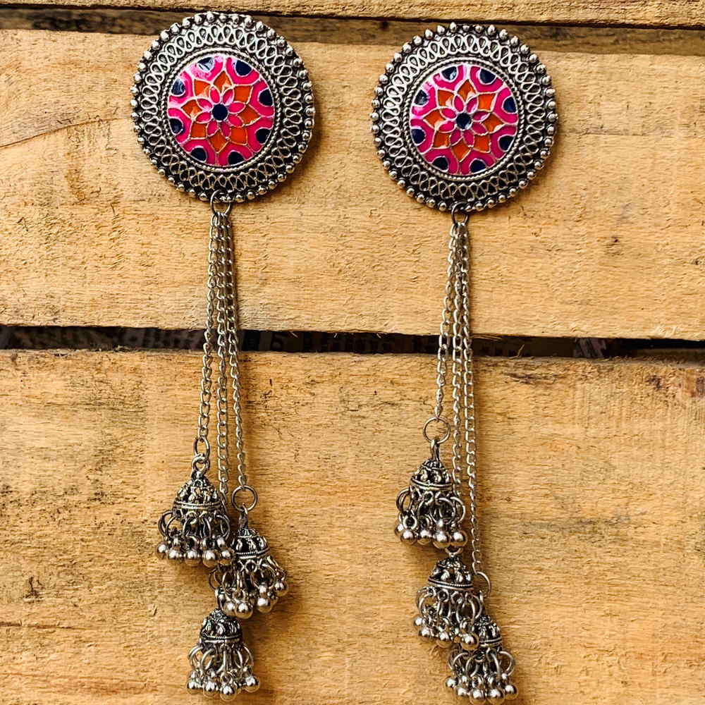 Stylish Antique Boho Meenakari Oxidised Silver Floral Earrings