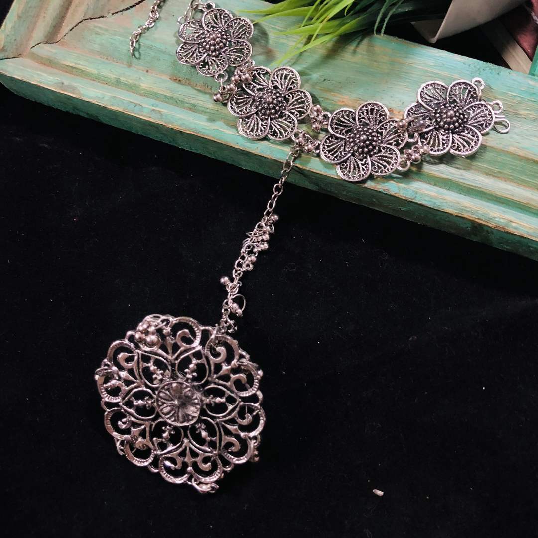 LARQ JEWELS Oxidized Silver Antique Flower Ring Hand Harness Fancy Bracelet