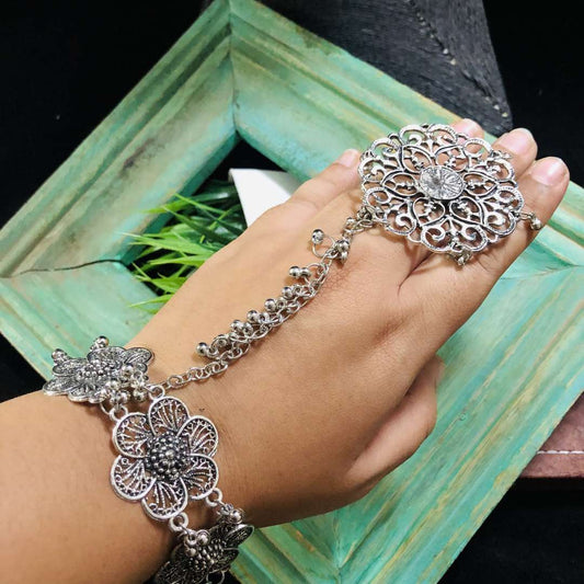LARQ JEWELS Oxidized Silver Antique Flower Ring Hand Harness Fancy Bracelet
