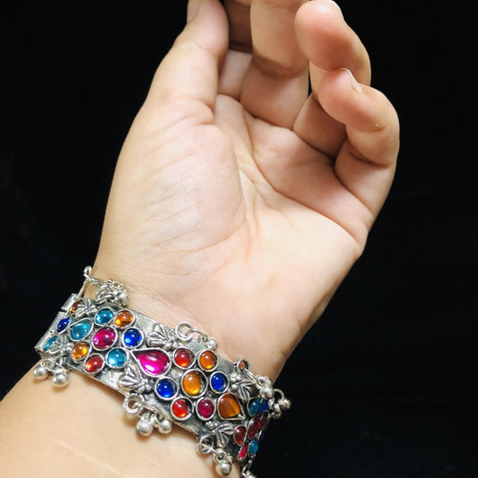 LARQ JEWELS Oxidized Antique Handmade German Silver Ruby Stone Bracelet