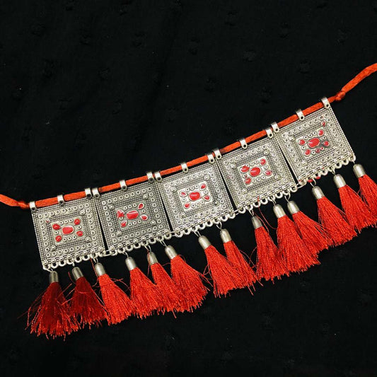 LARQ JEWELS Traditional Afghani Oxidised Red Meena Choker