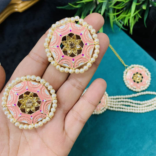 LARQ JEWELS Pink Meenakari Multistrand Beads Kundan Choker Set