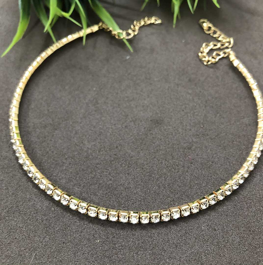 LARQ JEWELS Single Layer Rhinestone Choker Style Necklace - Golden Silver