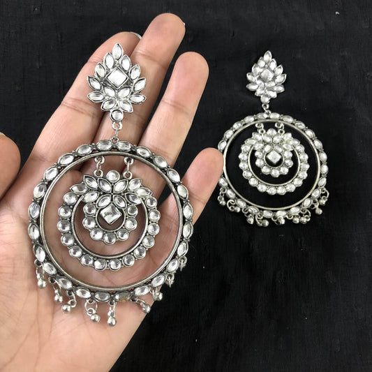Larq Jewels Antique Silver Plated Metal Large White Stone Chandbali Earrings