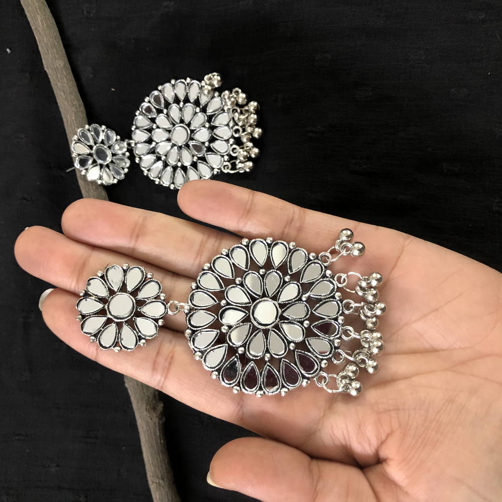 Larq Jewels Premium Silver Plated Handcrafted Afghani Designer Indian Ethnic Mirror Earrings