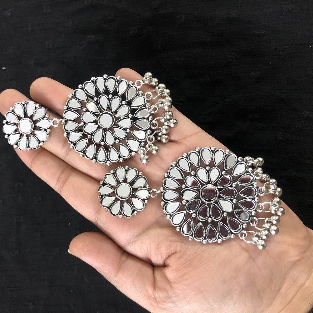 Larq Jewels Premium Silver Plated Handcrafted Afghani Designer Indian Ethnic Mirror Earrings