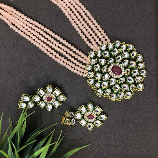 LARQ JEWELS Crystal Multistrand Peach Beads Ethnic Kundan Necklace